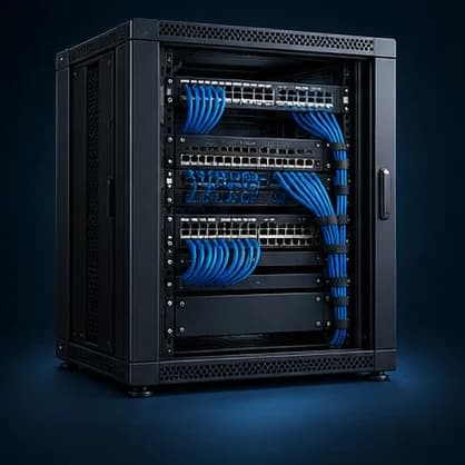 Network Infrastructure professional equipment in a blue-lit studio